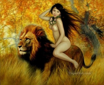 Chinese Nude Painting - Girl and Lion in Golden Autumn Chinese Girl Nude